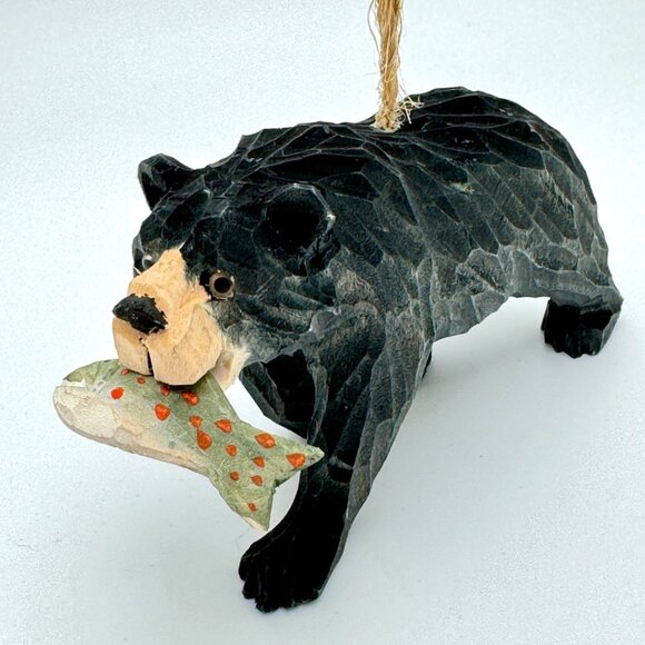 Other - Hand-Carved Wooden Black Bear With Salmon Ornament Vintage